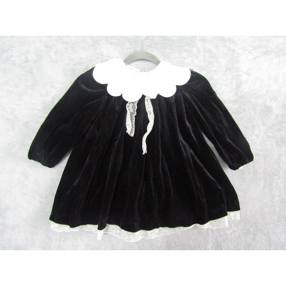 Sears Girls Black Velvet Dress‎ Peter Pan Collar Lace Trim Size 6